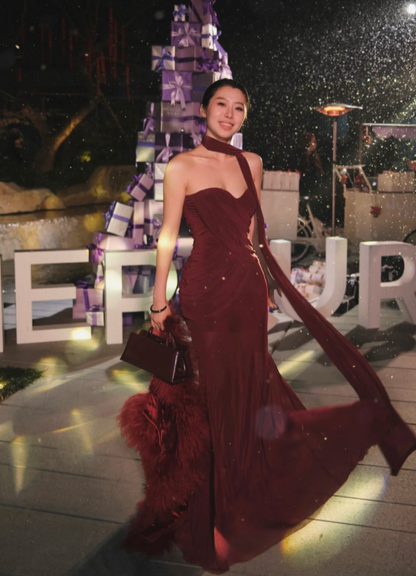 Elegant Burgundy Sheath Long Prom Dresses Chiffon Sweetheart Birthday Dresses Sleeveless Evening Dresses DP04656