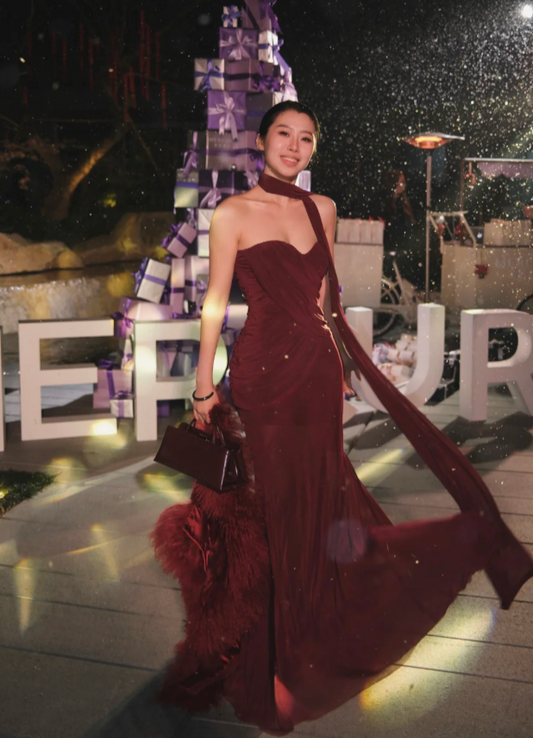 Elegant Burgundy Sheath Long Prom Dresses Chiffon Sweetheart Birthday Dresses Sleeveless Evening Dresses DP04656