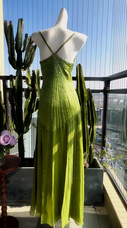 Elegant Green Sheath Long Prom Dresses Beaded Chiffon V-neck Birthday Dresses Sleeveless Evening Dresses DP04662