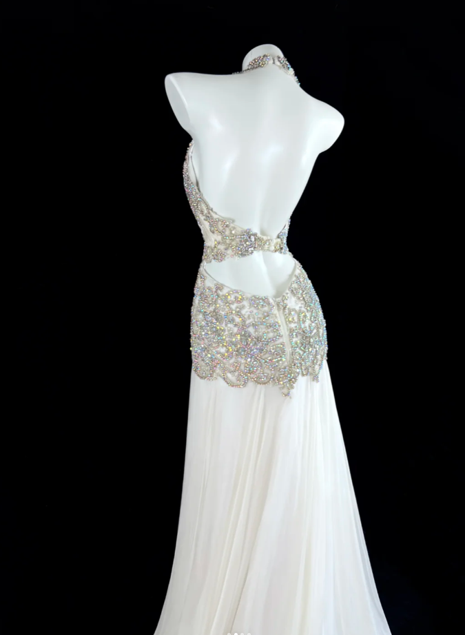 Chic Sheath Long Prom Dresses Beaded Chiffon V-neck Birthday Dresses  White Backless Evening Dresses  DP04663