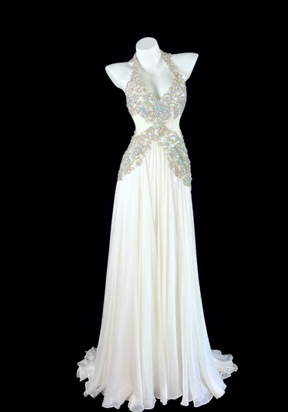 Chic Sheath Long Prom Dresses Beaded Chiffon V-neck Birthday Dresses  White Backless Evening Dresses  DP04663