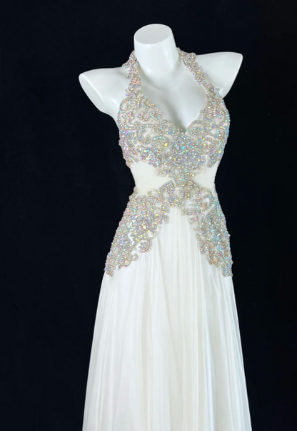 Chic Sheath Long Prom Dresses Beaded Chiffon V-neck Birthday Dresses  White Backless Evening Dresses  DP04663