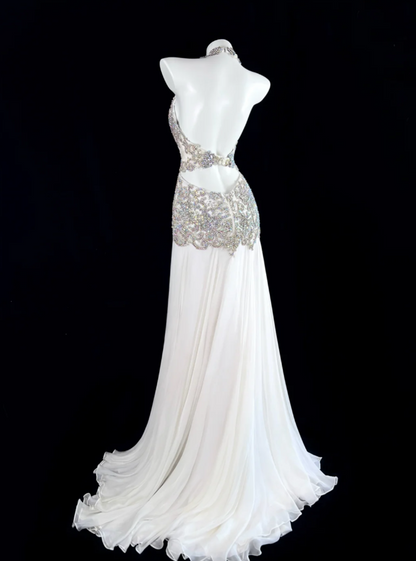 Chic Sheath Long Prom Dresses Beaded Chiffon V-neck Birthday Dresses  White Backless Evening Dresses  DP04663