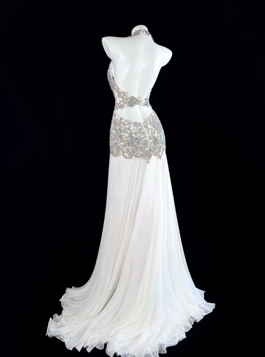 Chic Sheath Long Prom Dresses Beaded Chiffon V-neck Birthday Dresses  White Backless Evening Dresses  DP04663