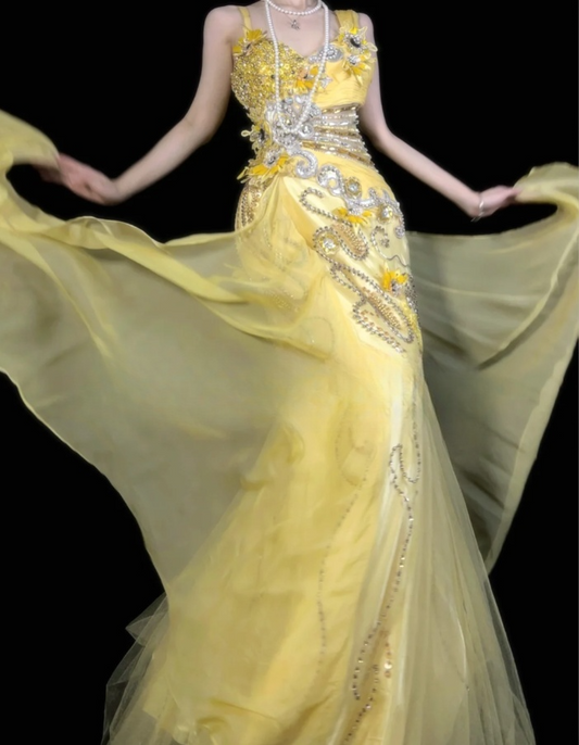 Chic Sheath Long Prom Dresses Beaded Tulle Straps Birthday Dresses  Yellow Evening Dresses   DP04664