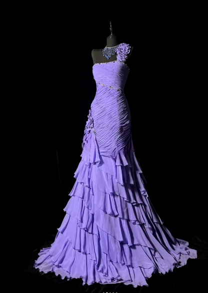 Chic Sheath Long Prom Dresses Chiffon One-shoulder Birthday Dresses Purple Evening Dresses DP04665