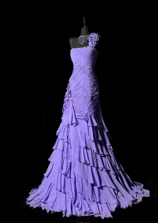 Chic Sheath Long Prom Dresses Chiffon One-shoulder Birthday Dresses Purple Evening Dresses DP04665