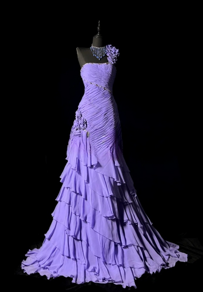 Chic Sheath Long Prom Dresses Chiffon One-shoulder Birthday Dresses Purple Evening Dresses DP04665