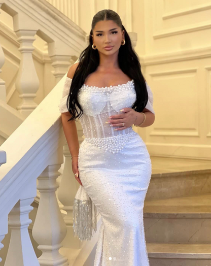 Chic Mermaid Long Wedding Dresses  Beaded Tulle White Bridal Dresses Off-shoulder Bridal Gowns DP04670