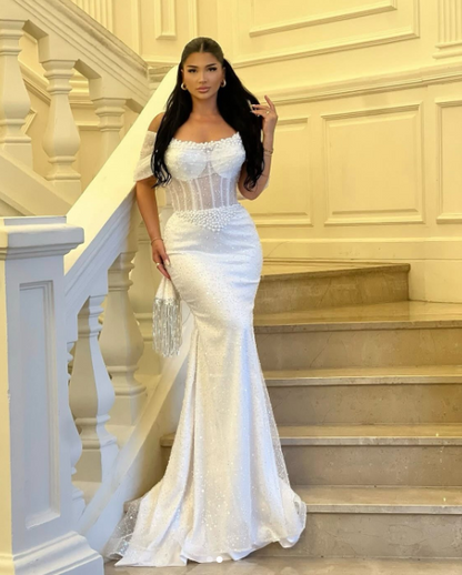 Chic Mermaid Long Wedding Dresses  Beaded Tulle White Bridal Dresses Off-shoulder Bridal Gowns DP04670