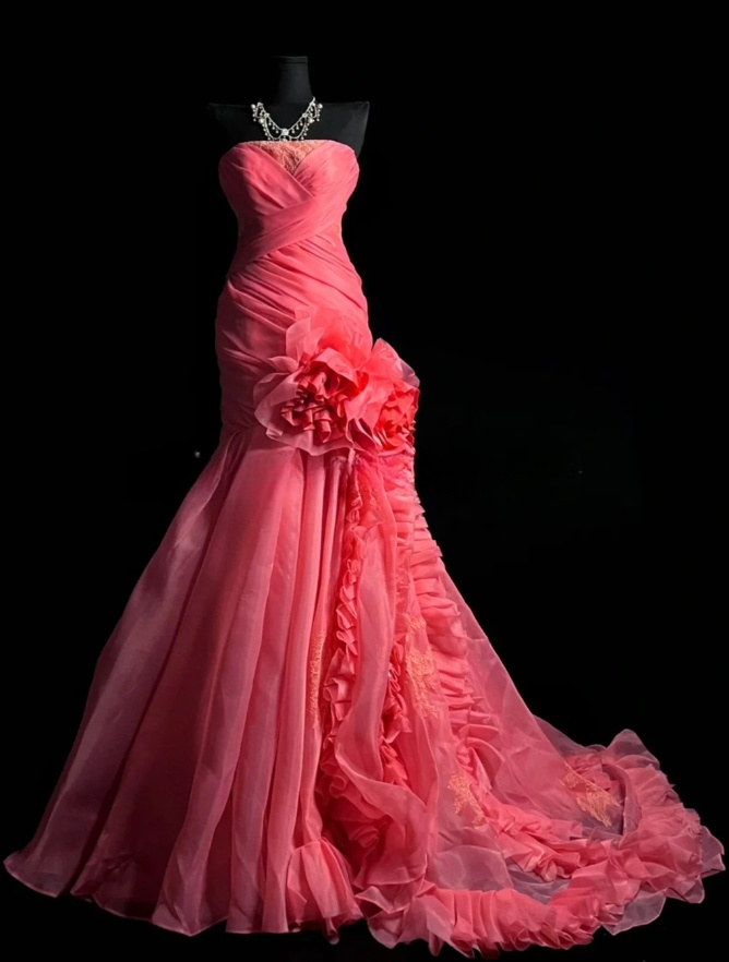 Gorgeous Sheath Long Prom Dresses Tulle  Watermelon Quinceanera Dresses Strapless Birthday Dresses DP04672