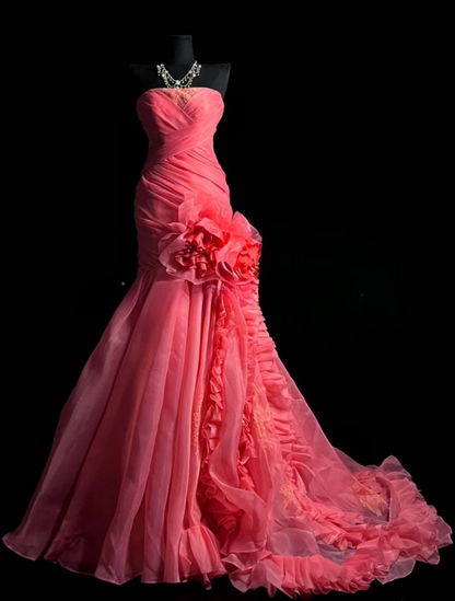 Gorgeous Sheath Long Prom Dresses Tulle  Watermelon Quinceanera Dresses Strapless Birthday Dresses DP04672