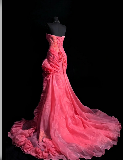 Gorgeous Sheath Long Prom Dresses Tulle  Watermelon Quinceanera Dresses Strapless Birthday Dresses DP04672