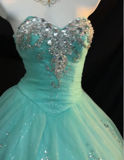 Gorgeous A-Line Long Prom Dresses Tulle Tiffany Blue Quinceanera Dresses Strapless Birthday Dresses DP04674