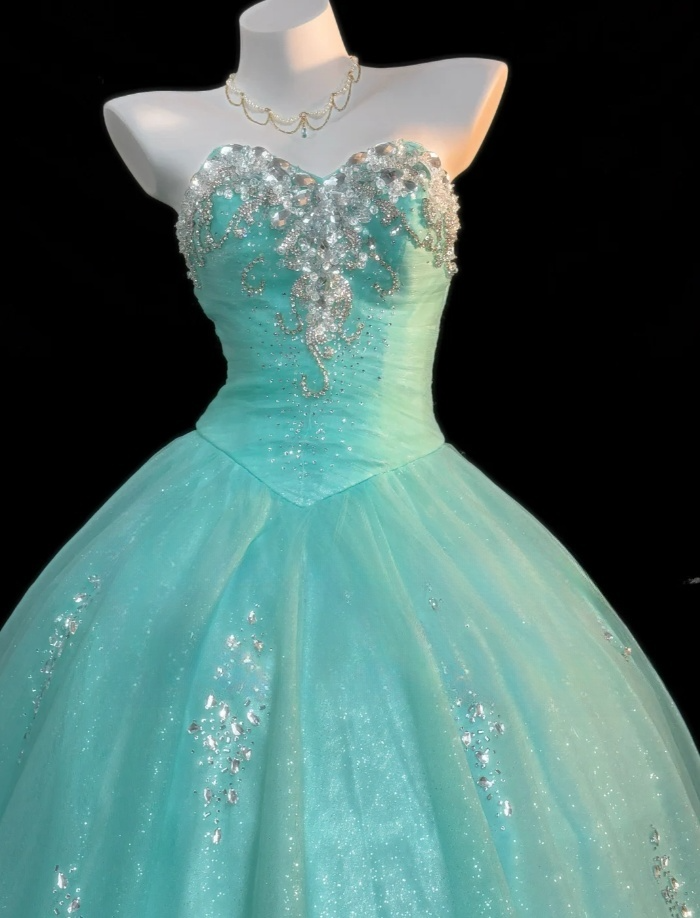 Gorgeous A-Line Long Prom Dresses Tulle Tiffany Blue Quinceanera Dresses Strapless Birthday Dresses DP04674