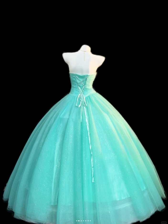 Gorgeous A-Line Long Prom Dresses Tulle Tiffany Blue Quinceanera Dresses Strapless Birthday Dresses DP04674