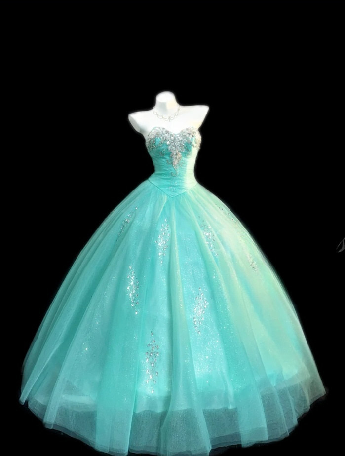 Gorgeous A-Line Long Prom Dresses Tulle Tiffany Blue Quinceanera Dresses Strapless Birthday Dresses DP04674