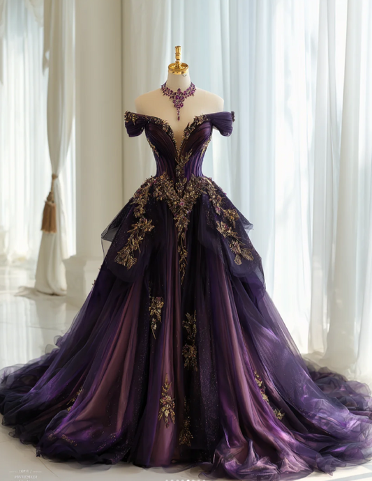 Gorgeous A-Line Long Prom Dresses Tulle Applique Purple Quinceanera Dresses Off-shoulder Birthday Dresses DP04675