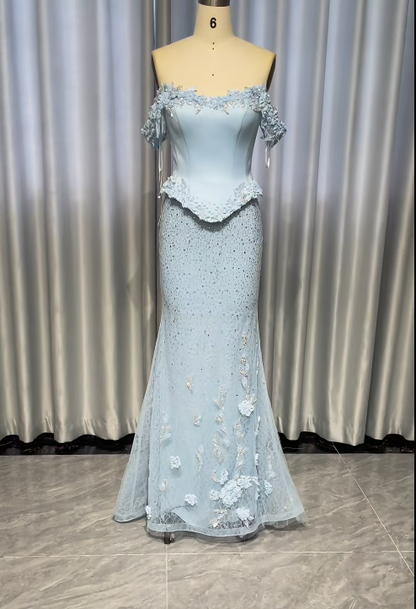 Gorgeous Mermaid Long Prom Dresses Tulle Applique Blue Evening Dresses Off-shoulder Birthday Dresses DP04678