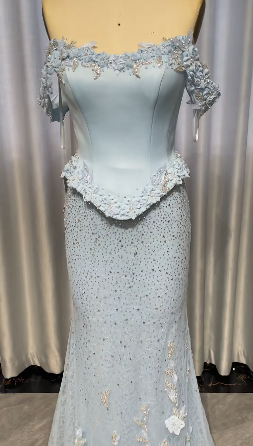 Gorgeous Mermaid Long Prom Dresses Tulle Applique Blue Evening Dresses Off-shoulder Birthday Dresses DP04678