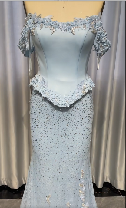 Gorgeous Mermaid Long Prom Dresses Tulle Applique Blue Evening Dresses Off-shoulder Birthday Dresses DP04678