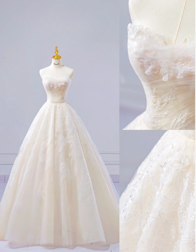 Chic A-line Long Wedding Dresses Lace Applique White Bridal Dresses Sleeveless Strapless Bridal Gowns DP04680