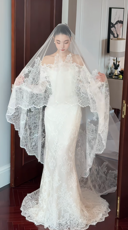 Chic Mermaid Long Wedding Dresses Lace Applique White Bridal Dresses Off-shoulder Long Sleeves Bridal Gowns DP04681