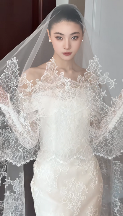 Chic Mermaid Long Wedding Dresses Lace Applique White Bridal Dresses Off-shoulder Long Sleeves Bridal Gowns DP04681