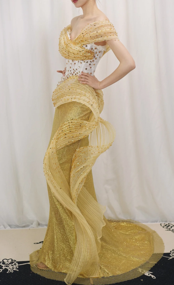 Elegant Mermaid Yellow Long Prom Dresses Tulle Beaded One-shoulder Evening Dresses DP04684