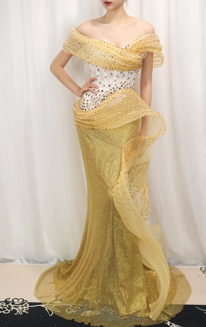 Elegant Mermaid Yellow Long Prom Dresses Tulle Beaded One-shoulder Evening Dresses DP04684