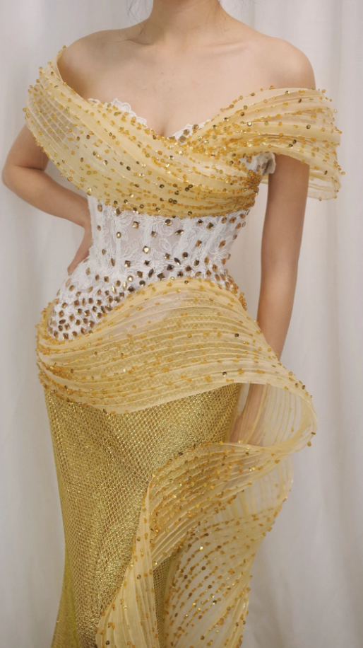 Elegant Mermaid Yellow Long Prom Dresses Tulle Beaded One-shoulder Evening Dresses DP04684