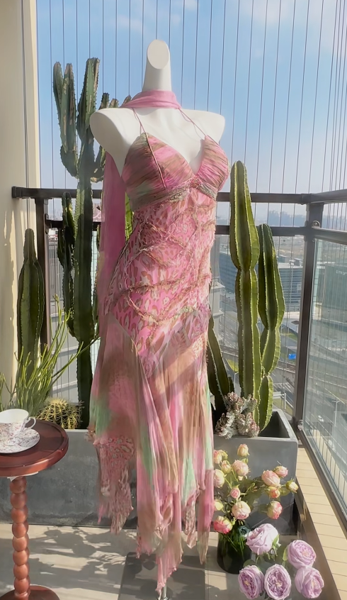 Elegant Sheath Long Prom Dresses Chiffon Spaghetti Straps Pink Evening Dresses  DP04685