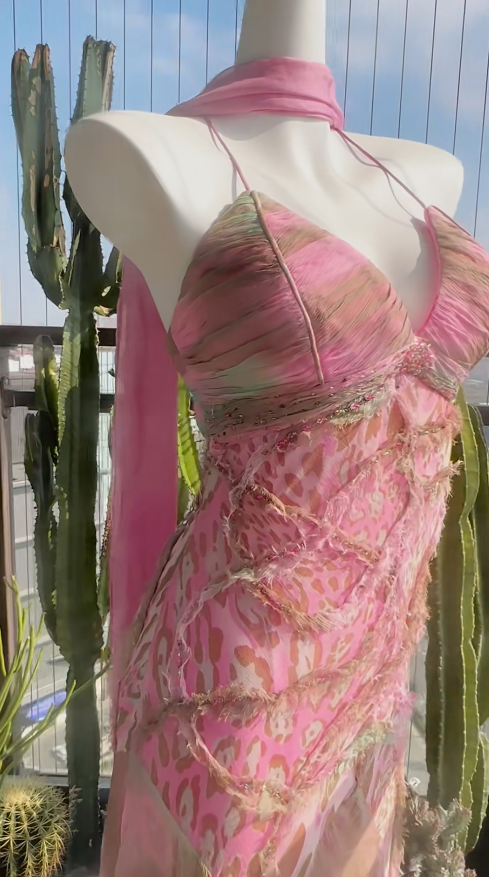 Elegant Sheath Long Prom Dresses Chiffon Spaghetti Straps Pink Evening Dresses  DP04685