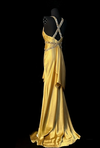 Elegant Sheath Long Prom Dresses Satin V-neck Yellow Evening Dresses with Open Back DP04687