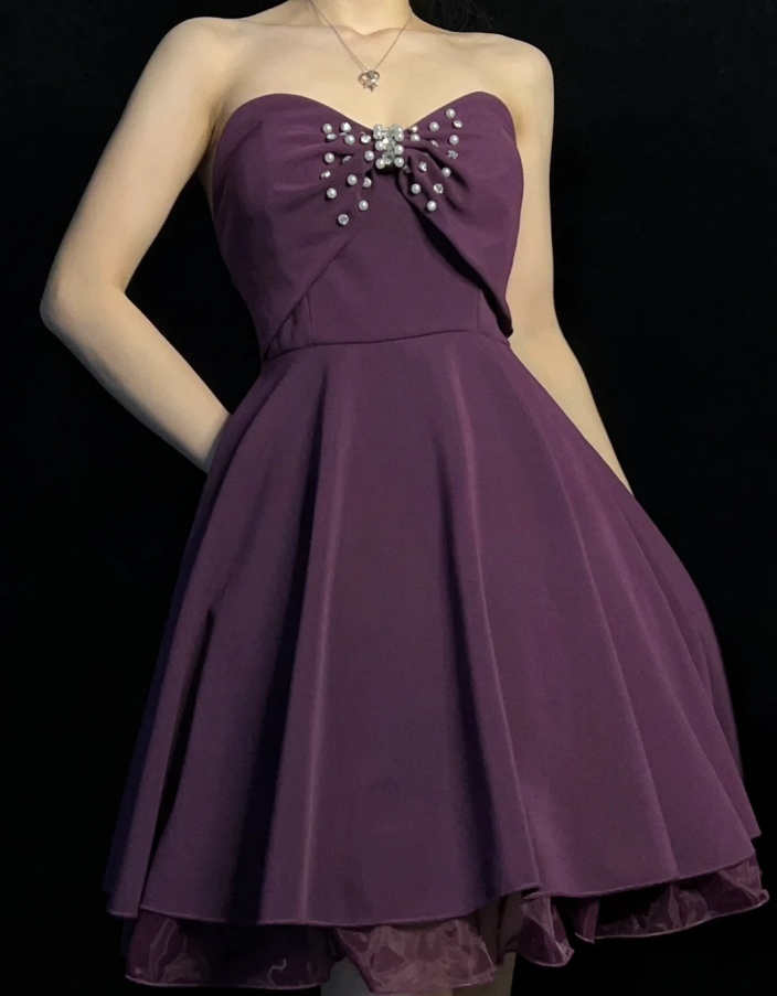 Elegant A-Line Short Prom Dresses Chiffon Strapless Party Dresses Sleeveless Puprle Birthday Dresses DP04688