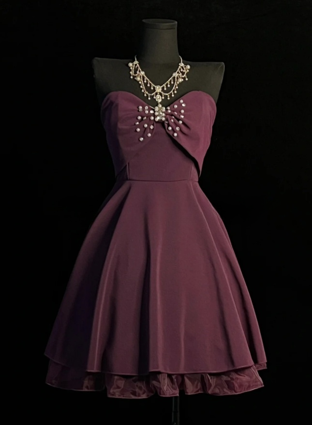 Elegant A-Line Short Prom Dresses Chiffon Strapless Party Dresses Sleeveless Puprle Birthday Dresses DP04688