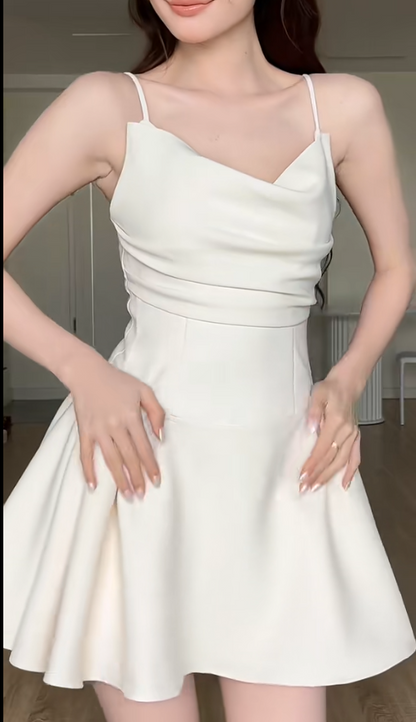 Elegant A-Line Short Prom Dresses Satin Spaghetti Straps Party Dresses Sleeveless White Birthday Dresses DP04689