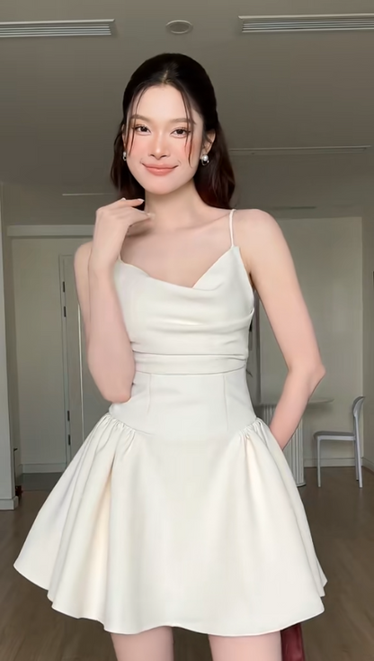 Elegant A-Line Short Prom Dresses Satin Spaghetti Straps Party Dresses Sleeveless White Birthday Dresses DP04689