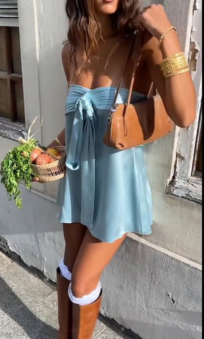 Elegant Sheath Short Prom Dresses Satin Strapless Party Dresses Sleeveless Blue Birthday Dresses DP04690