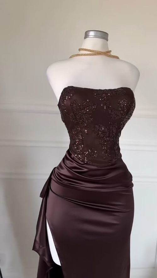 Elegant Sheath Long Prom Dresses Satin Strapless Evening Dresses Sleeveless Brown Birthday Dresses DP04692