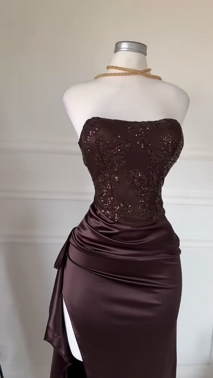 Elegant Sheath Long Prom Dresses Satin Strapless Evening Dresses Sleeveless Brown Birthday Dresses DP04692