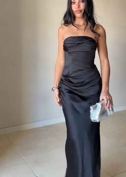 Elegant Sheath Long Prom Dresses Satin Strapless Evening Dresses Sleeveless Black Birthday Dresses DP04693