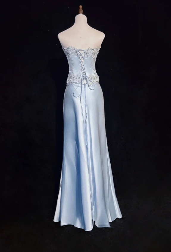 Vintage Sheath Long Prom Dresses Satin Strapless Evening Dresses Sleeveless Blue Birthday Dresses DP04695