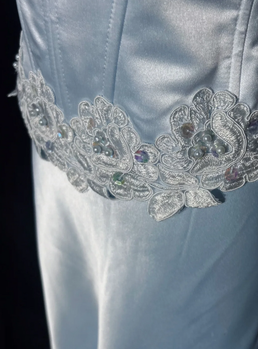 Vintage Sheath Long Prom Dresses Satin Strapless Evening Dresses Sleeveless Blue Birthday Dresses DP04695