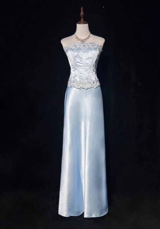 Vintage Sheath Long Prom Dresses Satin Strapless Evening Dresses Sleeveless Blue Birthday Dresses DP04695