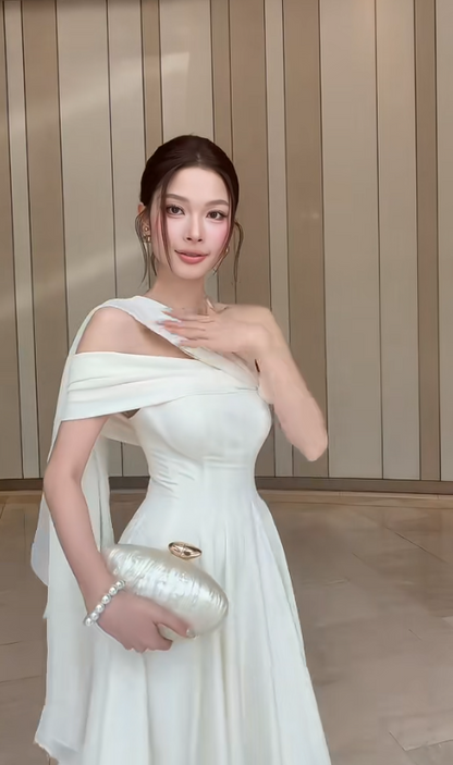 Vintage A-Line Long Prom Dresses Satin One-Shoulder Evening Dresses Sleeveless White Wedding Guest Dresses DP04696