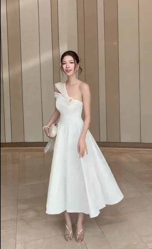 Vintage A-Line Long Prom Dresses Satin One-Shoulder Evening Dresses Sleeveless White Wedding Guest Dresses DP04696