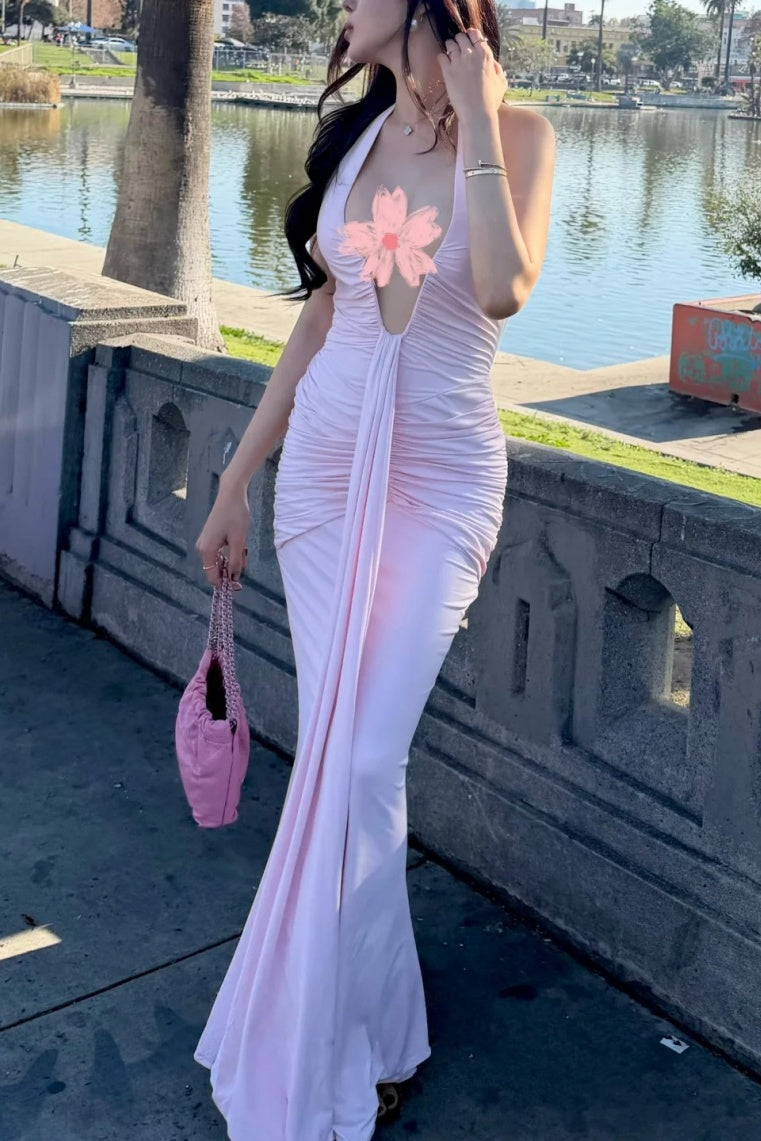 Sexy Mermaid Long Prom Dresses Satin Halter Evening Dresses Sleeveless Pink Party Dresses DP04699