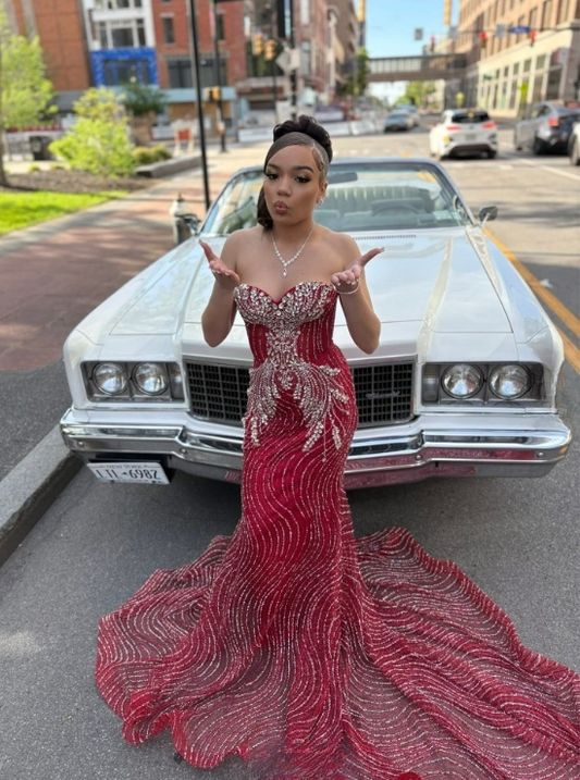 Sexy Sheath Long Prom Dresses Tulle Beaded Strapless Evening Dresses Sleeveless Burgundy Party Dresses DP04700