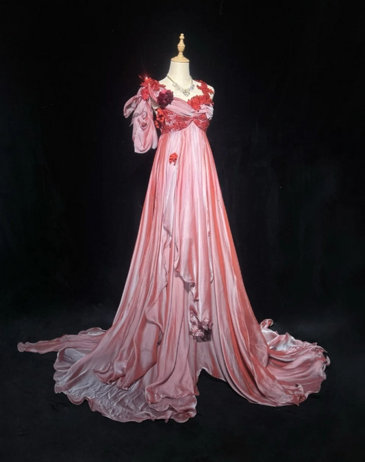 Chic Pink Long Prom Dresses Straps Imperial Evening Dresses Silk Sleeveless Party Dresses DP04701